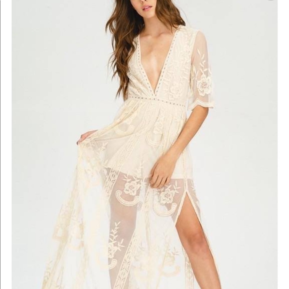 Cream white lace maxi romper bridal shower dress